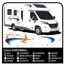 autocollants camping-car, CARAVANE, Motorhome - graphique 18b - le Soleil, la mer, le bateau, la plage, les mouettes