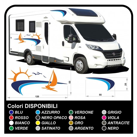 autocollants camping-car, CARAVANE, Motorhome - graphique 18b - le Soleil, la mer, le bateau, la plage, les mouettes 