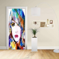 Adesivo Design porta - Donna schizzo Artistico colori vivaci - Decorazione adesiva per porte arredo casa -