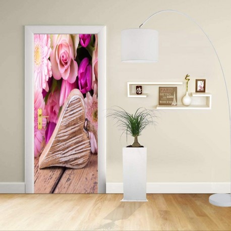 Adesivo Design porta - CUORE CON FIORI - Decorazione adesiva per porte arredo casa -
