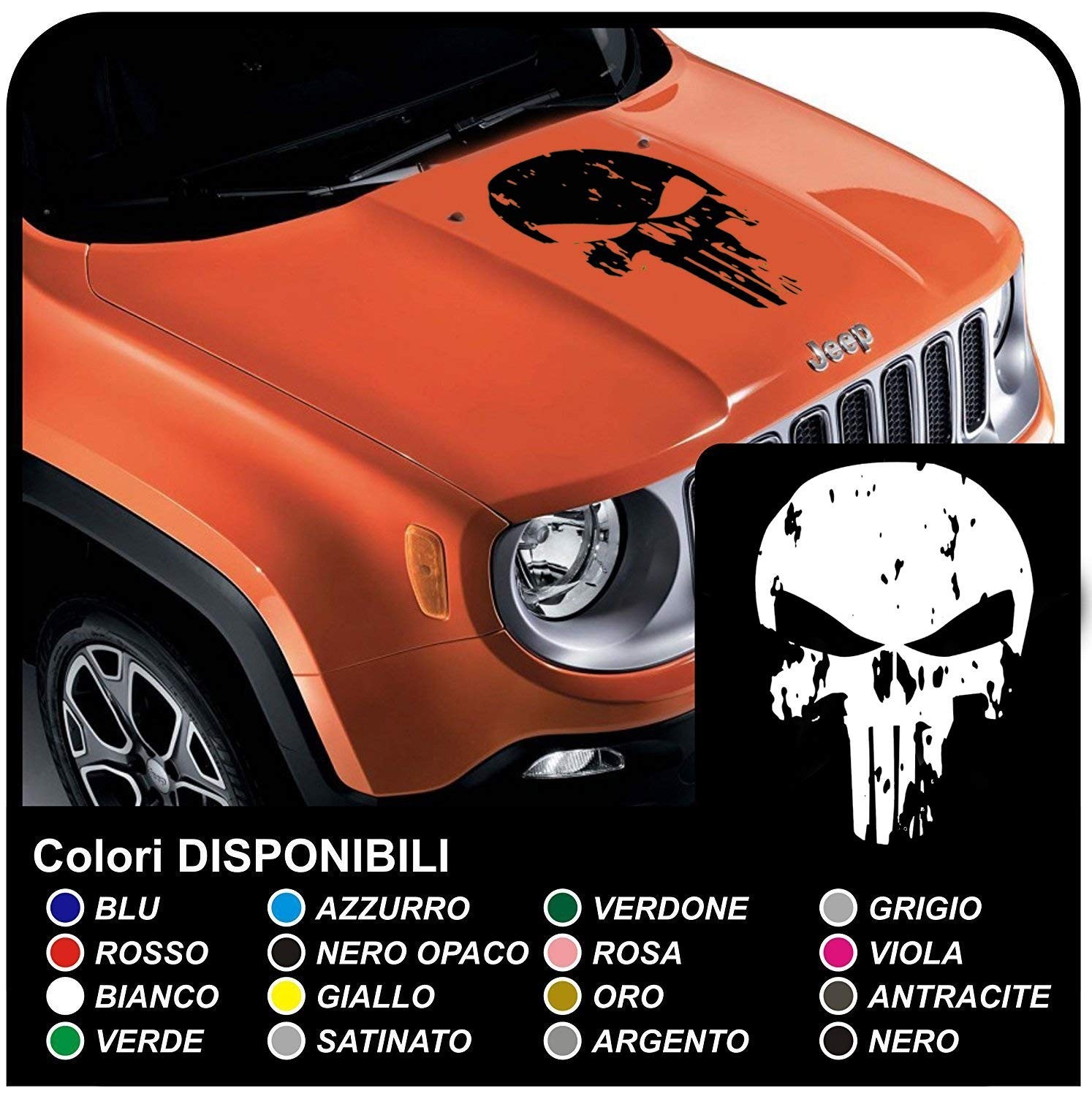 aufkleber für motorhaube JEEP Renegade und anderen offroad-Totenkopf  used-Skull Punisher distressed-SUV-4X4